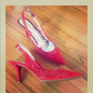 Red, suede, Calvin Klein sling back pumps